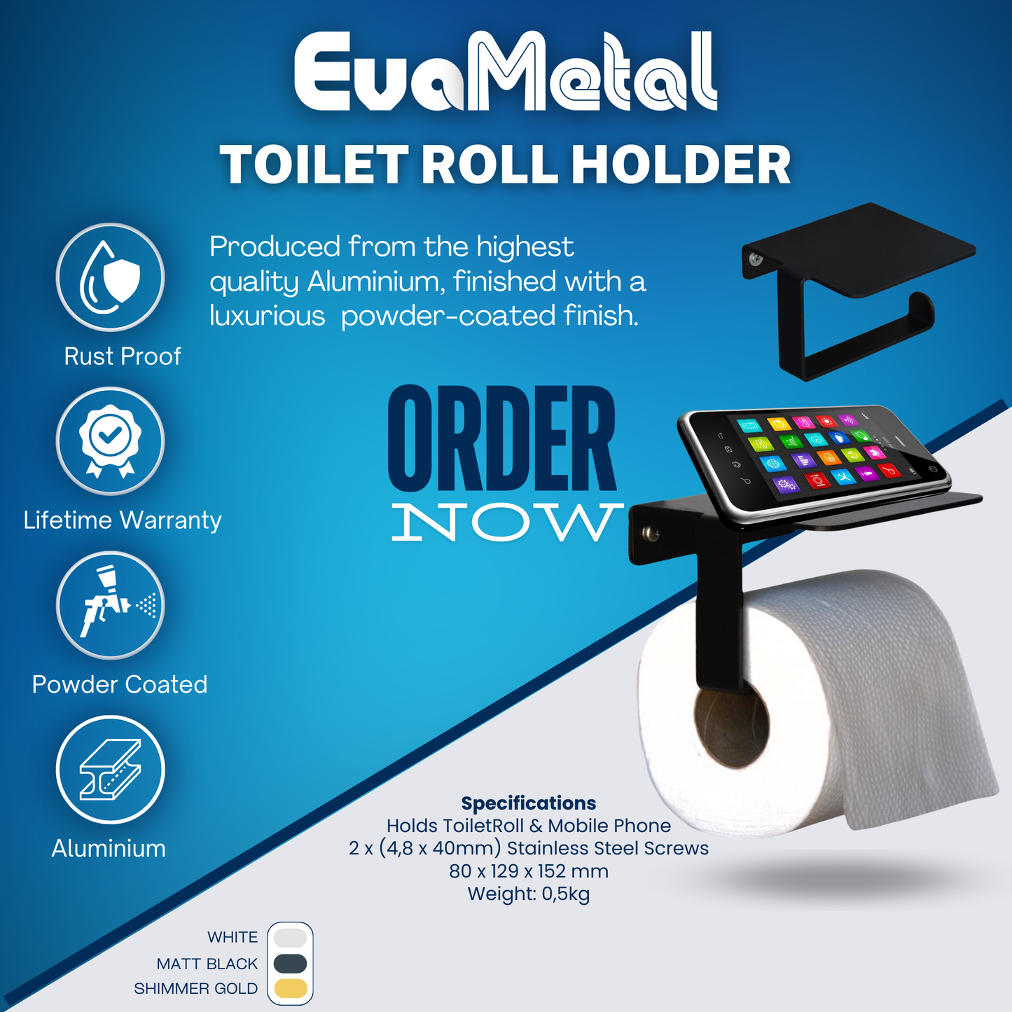 Toilet Roll Holder with Mobile Phone Storage - MATT BLACK - Plano Collection