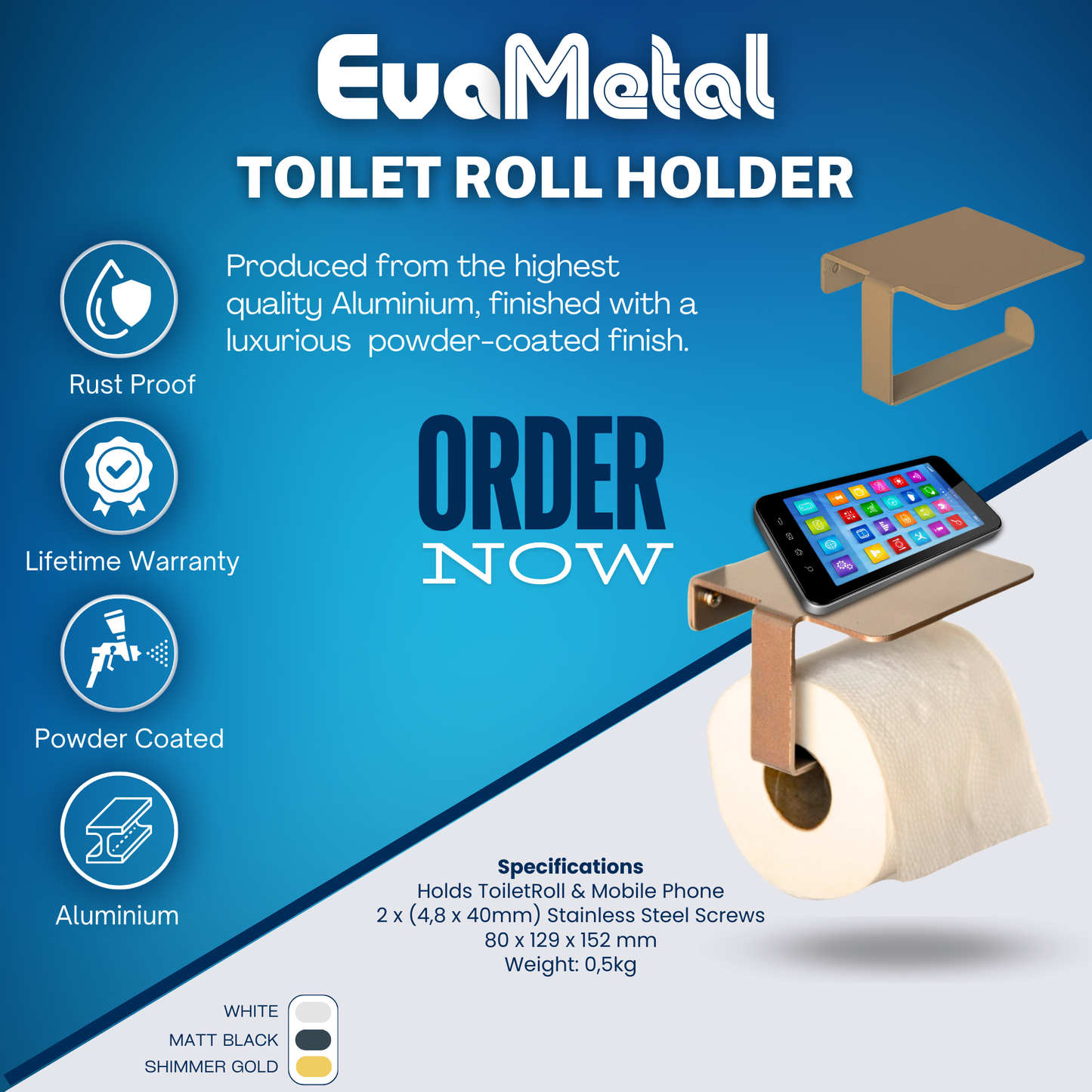 Toilet Roll Holder with Mobile Phone Storage - SHIMMER GOLD - Plano Collection