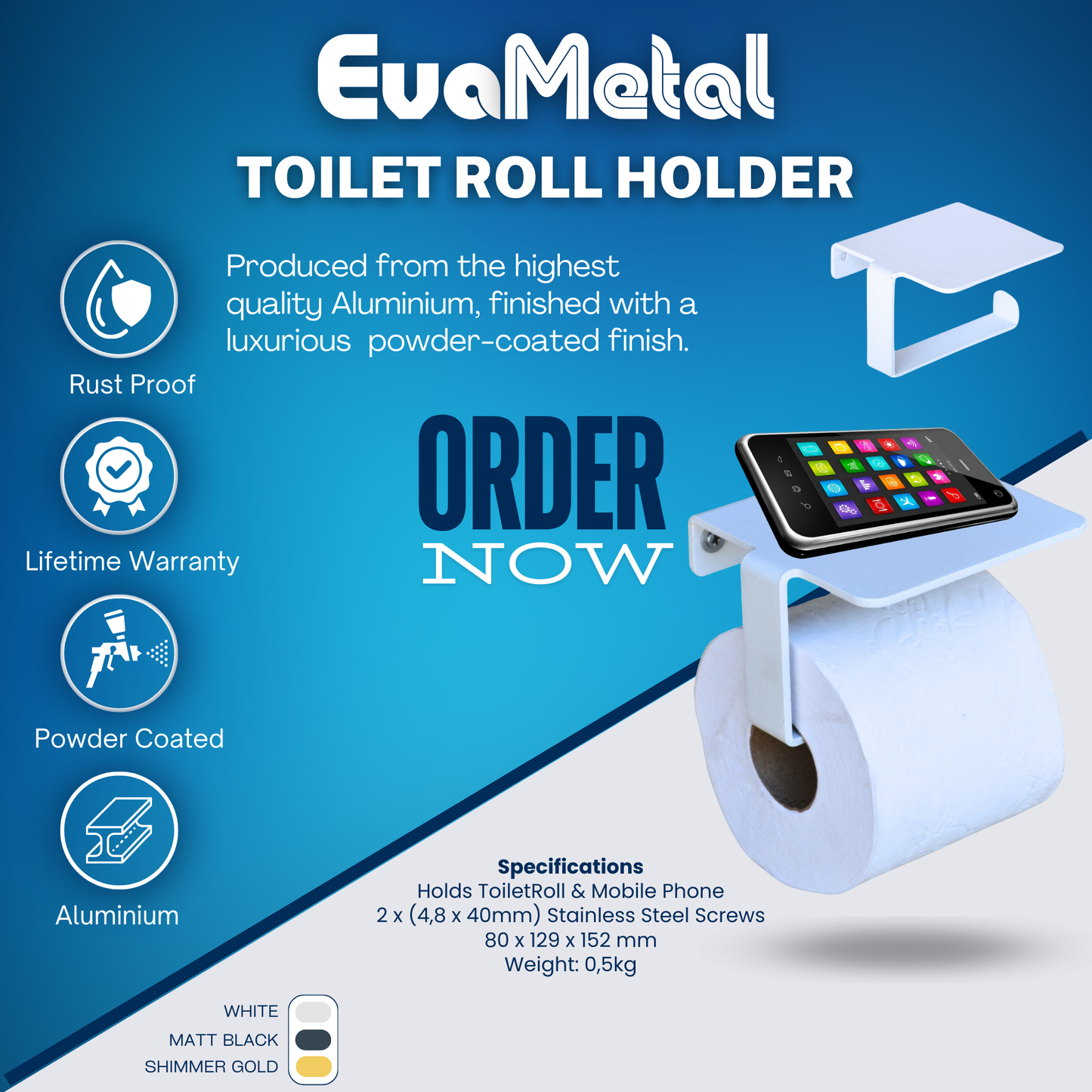 Toilet Roll Holder with Mobile Phone Storage - WHITE - Plano Collection